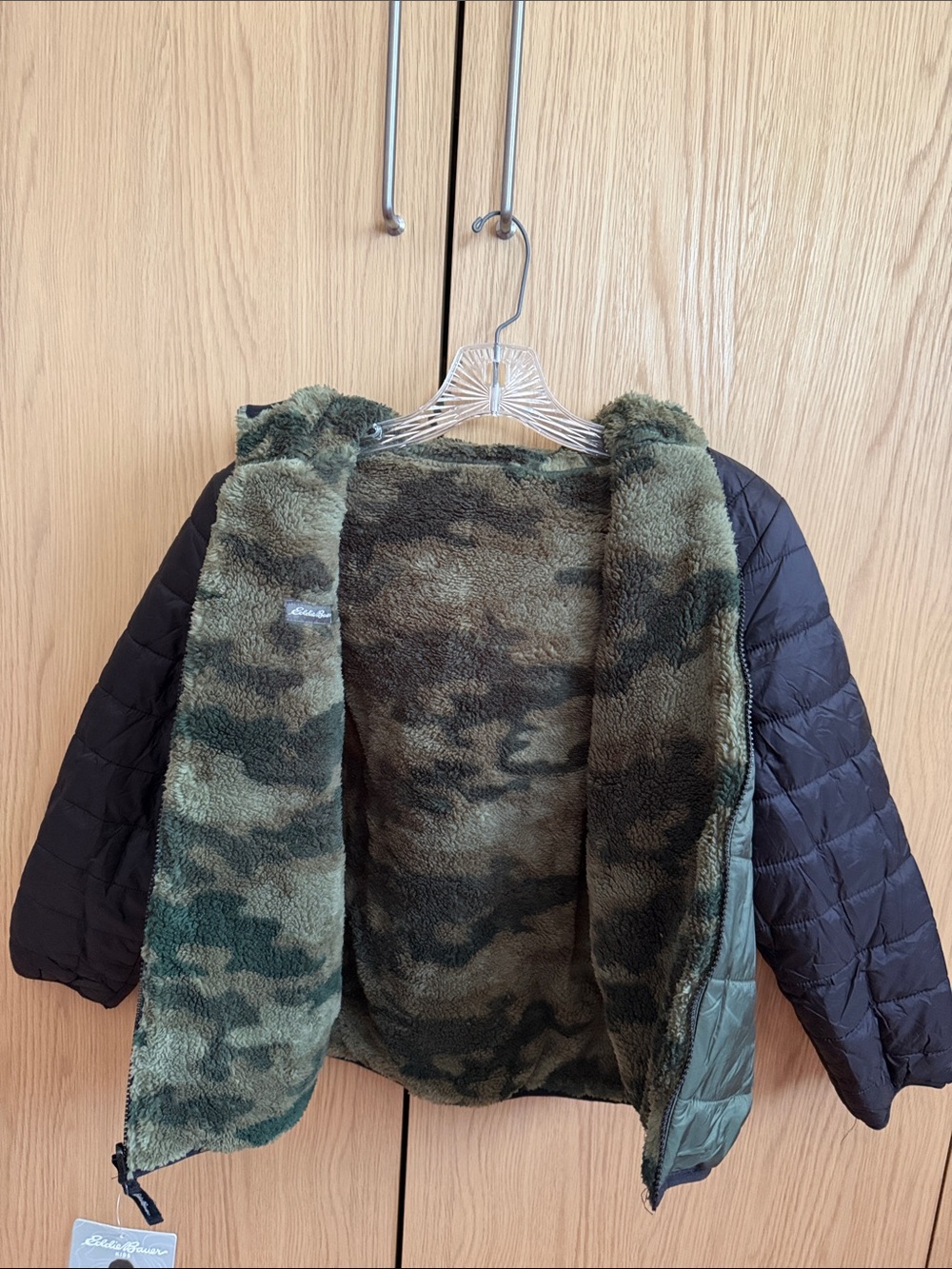 Eddie Bauer Two-Tone Kids Hooded Packable Puffer Jacket in Black & Olive